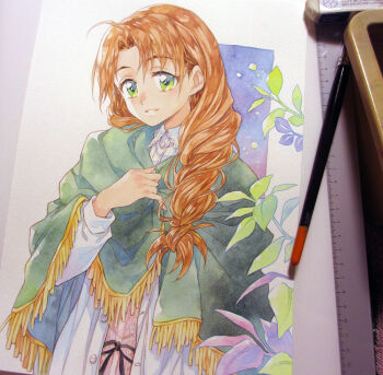 1girl agahari art_brush art_tools_in_frame black_ribbon braid brown_hair buttons coat collared_coat commentary_request doukyuusei_(series) doukyuusei_2 dress eraser fringe_trim green_eyes green_shawl hair_over_shoulder hand_up leaf looking_at_viewer loona_(helluva_boss) open_clothes open_coat paintbrush painting_(medium) parted_lips partially_unbuttoned photo_(medium) pink_dress plant ribbon ruler shawl single_braid smile snowing solo sugimoto_sakurako traditional_media upper_body white_coat