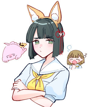 2girls :/ :3 ahoge animal_ear_fluff animal_ear_hairband animal_ears animal_with_hair animalization anyoji_hime black_hair blue_dress blunt_bangs blunt_ends blush bob_cut braid breast_pocket center-flap_bangs closed_eyes closed_mouth cropped_torso crossed_arms dress fake_animal_ears fox_ears green_eyes hairband hasu_no_shousankaku hasu_no_sora_school_uniform kachimachi_kosuzu link!_like!_love_live! love_live! medium_hair momose_ginko multi-tied_hair multiple_girls neckerchief pocket ponytail puffy_short_sleeves puffy_sleeves sailor_collar sailor_dress school_uniform seal_(animal) short_hair short_sleeves side_ahoge side_braids simple_background squeans summer_uniform virtual_youtuber white_background white_sailor_collar yellow_neckerchief zangemiya zzz