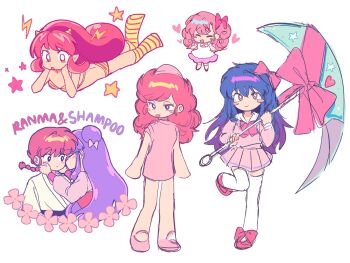 Rule 34 | 0123uru, 6+girls, ageha (kyoukai no rinne), animal print, bikini, blue hair, blush, bow, braid, braided ponytail, character name, dress, flower, hair bow, heart, highres, horns, kiss, kyoukai no rinne, lightning bolt symbol, long hair, lum, maison ikkoku, multiple girls, pink bow, pink dress, pink flower, pink hair, pink skirt, pleated skirt, pointy ears, ran (urusei yatsura), ranma-chan, ranma 1/2, red hair, roppongi akemi, shampoo (ranma 1/2), simple background, sketch, skirt, smile, star (symbol), swimsuit, thighhighs, tiger print, urusei yatsura, white background, white bow, white thighhighs