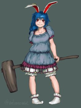 1girl animal_ears artist_name bloomers blue_dress blue_hair braid collarbone commentary_request dress earclip envenomist_(gengoroumaru) frills full_body highres holding holding_mallet kine mallet one-hour_drawing_challenge puffy_short_sleeves puffy_sleeves rabbit_ears rabbit_girl red_eyes seiran_(touhou) short_sleeves single_braid smile socks touhou twitter_username underwear white_bloomers white_socks wide-eyed