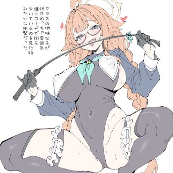 1girl ahoge aperture_light areola_slip black_gloves black_leotard black_thighhighs blue_archive blue_eyes blue_sailor_collar blue_shrug blush braid breasts cameltoe covered_erect_nipples covered_navel fang glasses gloves green_neckerchief groin hair_ornament halo heart highres large_breasts leotard licking long_hair looking_at_viewer magical_girl navel neckerchief official_alternate_costume open_mouth orange_hair riding_crop sailor_collar shimiko_(blue_archive) shimiko_(magical)_(blue_archive) shrug_(clothing) sideboob skin_fang smile solo spread_legs squatting sweat thighhighs thighs tongue tongue_out translation_request twin_braids very_long_hair yellow_halo