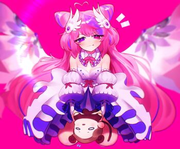 1girl absurdres ahoge breasts cdawgva cleavage commentary_request cone_hair_bun cookiedusty detached_sleeves double_bun dress frilled_dress frills hair_bun heart heart_ahoge highres ironmouse ironmouse_(fallen_angel) long_hair medium_breasts monkey multicolored_hair pink_background pink_eyes pink_hair pout purple_eyes purple_hair seiza sitting solo strapless strapless_dress streaked_hair very_long_hair virtual_youtuber vshojo winged_hair_ornament