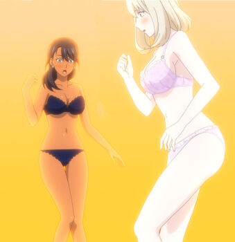 2girls anime_screenshot black_bra black_hair black_panties blonde_hair blush bra breasts courage_(shokugeki_no_souma) cross cross_earrings dark-skinned_female dark_skin decora_(shokugeki_no_souma) earrings feet_out_of_frame female_focus green_eyes highres jewelry large_breasts medium_hair multiple_girls navel open_mouth orange_background panties purple_bra purple_panties shokugeki_no_souma standing stitched strapless strapless_bra third-party_edit underwear underwear_only wide-eyed