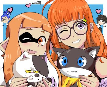 2girls 4boys absurdres amamiya_ren artist_name blue_background border cat color_connection commentary english_commentary fang glasses hair_color_connection highres inkling inkling_boy inkling_girl inkling_player_character judd_(splatoon) karbuitt morgana_(persona_5) multiple_boys multiple_girls nintendo one_eye_closed orange_hair persona persona_5 red_eyes sakura_futaba scarf signature smile splatoon_(series) white_border