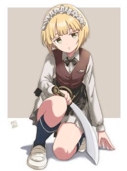 1girl black_bow black_socks blonde_hair bow cutlass_(girls_und_panzer) girls_und_panzer highres holding holding_sword holding_weapon kainushi looking_at_viewer maid_headdress red_vest shirt shoes short_hair sitting skirt socks sword vest weapon white_shirt white_shoes white_skirt yellow_eyes