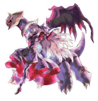 1girl black_dress black_sclera black_wings blonde_hair breasts colored_sclera commentary cynthia_(pokemon) cynthia_(sygna_suit)_(renegade)_(pokemon) dress english_commentary full_body gen_4_pokemon giratina giratina_(altered) hair_over_one_eye high_heels highres legendary_pokemon long_hair nintendo official_alternate_costume pokemon pokemon_(creature) pokemon_masters_ex simple_background very_long_hair vincent_graphic_art white_background wings