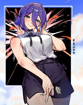 1girl absurdres artist_name black_choker black_ribbon black_shorts chainsaw_man choker closed_mouth flower green_eyes hair_between_eyes hair_bun highres holding holding_flower kiki_nene long_hair_between_eyes neck_ribbon purple_hair reze_(chainsaw_man) ribbon shirt shorts sleeveless sleeveless_shirt smile solo white_flower white_shirt