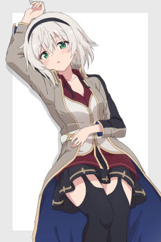 Rule 34 | 1girl, amnesia (majo no tabitabi), arm up, black hairband, black skirt, black thighhighs, blush, border, breasts, cleavage, coat, collarbone, commentary request, feet out of frame, garter straps, green eyes, grey border, grey coat, grey hair, hairband, highres, jacket, long sleeves, looking at viewer, lying, majo no tabitabi, medium breasts, multicolored coat, on back, parted lips, pleated skirt, shiroirosky, shirt, short hair, simple background, skirt, solo, thighhighs, two-tone coat, white background, white hair