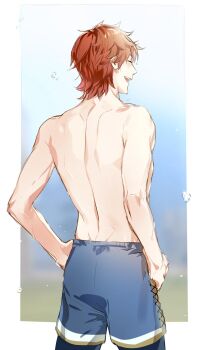 Rule 34 | 1boy, 1dahesss, blue shorts, blush, closed eyes, commentary request, dimples of venus, fire emblem, fire emblem: three houses, from behind, hands on own hips, highres, korean commentary, male focus, nintendo, open mouth, red hair, shorts, smile, solo, standing, sylvain jose gautier, teeth, topless male, upper teeth only, wet, wet hair