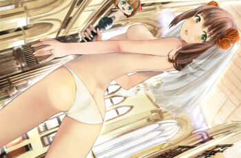 1girl amami_haruka blush breasts brown_hair dress female_focus green_eyes holding idolmaster idolmaster_(classic) jewelry looking_at_viewer microphone nipples nonowa ornate_ring panties ring smile solo topless_female underwear underwear_only veil wedding_dress wedding_ring white_panties zi-dabu