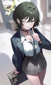 1girl absurdres ahr_tato blazer blue_archive blurry blurry_background breasts choppy_bangs cleavage collared_shirt commentary_request depth_of_field diagonal-striped_clothes diagonal-striped_necktie finger_to_mouth fuyu_(blue_archive) green_eyes green_hair green_halo halo highres holding holding_suitcase indoors jacket large_breasts long_sleeves looking_at_viewer mole mole_under_eye necktie one_eye_closed parted_lips partially_open_shirt shirt short_hair skirt smile solo striped_clothes striped_necktie suitcase undone_necktie white_shirt wolf_cut