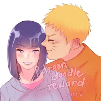 Rule 34 | 1boy, 1girl, adversarial noise, artist name, blonde hair, blunt bangs, boruto: naruto next generations, closed eyes, commentary, english commentary, facial mark, hetero, husband and wife, hyuuga hinata, iamdslr, jacket, naruto (series), orange jacket, parted lips, purple eyes, purple hair, purple jacket, smile, uzumaki naruto, watermark, whisker markings