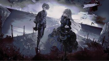 1boy 1girl aitsuki_nakuru atatakakunaru bird black_boots black_dress black_pants black_pantyhose black_vest blue_eyes boots brooch closed_mouth commentary_request dress floating_hair grey_hair hair_over_one_eye high_heels highres jewelry la_priere lifting_own_clothes long_hair looking_at_viewer medium_hair ocean one_eye_covered outdoors pants pantyhose red_eyes shinomiya_iori sleeves_past_wrists suimin_(sui_0y0) vest