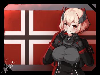 1girl armband azur_lane black_armband black_jacket blonde_hair breasts buttons collared_shirt commentary doppel_(cursed_atelier) double-breasted english_commentary flag_background framed_breasts grey_shirt hair_between_eyes headgear heart heart_hands highres jacket large_breasts long_sleeves looking_at_viewer mechanical_hands multicolored_hair red_eyes red_streaks roon_(azur_lane) shirt short_hair signature smile solo streaked_hair taut_clothes taut_shirt two-tone_hair upper_body