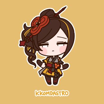 1girl :&lt; animated animated_gif artist_name black_eyes black_gloves black_pantyhose blonde_hair brown_hair chibi chinese_knot chiori_(genshin_impact) closed_eyes closed_mouth commentary_request dancing drill_hair drill_ponytail multiple_expressions genshin_impact gloves grey_shirt hair_ornament hair_stick kkomdastro multicolored_hair outline pantyhose parted_bangs pleated_skirt shirt simple_background skirt solo streaked_hair updo white_outline yellow_background yellow_skirt