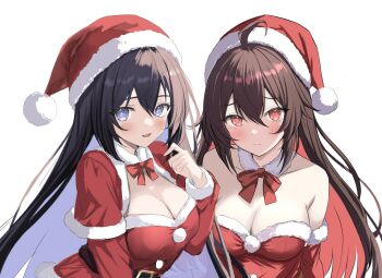2girls alternate_costume bare_shoulders black_hair blue_hair blush bow bowtie breasts cleavage colored_inner_hair commentary_request dress dual_persona hat highres honkai_(series) honkai_impact_3rd large_breasts long_hair looking_at_viewer multicolored_hair multiple_girls red_bow red_bowtie red_dress red_eyes red_hair red_hat santa_costume santa_dress santa_hat seele_(alter_ego) seele_vollerei seele_vollerei_(herrscher_of_rebirth) simple_background two-tone_hair unifox0123 very_long_hair white_background