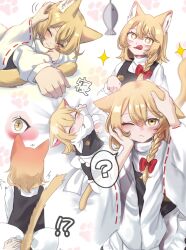 Rule 34 | + +, 2girls, :q, ?, animal ear fluff, animal ears, apron, black vest, blonde hair, blush, bow, braid, cat ears, cat tail, closed eyes, commentary request, fish, hair bow, hakurei reimu, hand on another&#039;s head, highres, karasu2020 8, kemonomimi mode, kirisame marisa, long sleeves, looking at viewer, multiple girls, multiple views, one eye closed, paw pose, red bow, ribbon-trimmed sleeves, ribbon trim, side braid, single braid, spoken question mark, surprised, tail, tongue, tongue out, touhou, vest, white apron, wide sleeves, yellow eyes