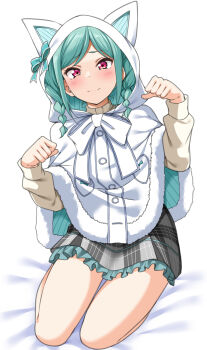 1girl animal_ears animal_hood bed_sheet bow braid capelet cat_ears cat_hood commentary_request fake_animal_ears frilled_skirt frills green_bow green_hair highres hood long_sleeves love_live! love_live!_superstar!! low_twin_braids onitsuka_tomari paw_pose plaid_clothes plaid_skirt simple_background sitting skirt solo twin_braids white_background white_capelet yokozuwari yopparai_oni