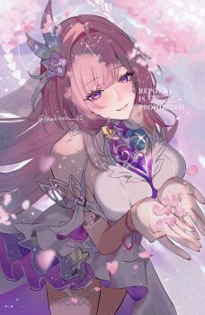 1girl bare_shoulders breasts cyrene_(demiurge)_(honkai:_star_rail) cyrene_(honkai:_star_rail) diamond-shaped_pupils diamond_(shape) dress flower hair_flower hair_ornament halo highres holding holding_petal honkai:_star_rail honkai_(series) large_breasts long_hair multicolored_hair nukoxx_02 petals pink_hair pink_petals purple_eyes solo symbol-shaped_pupils thighs two-tone_hair very_long_hair white_dress white_hair