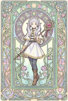 1girl art_nouveau boots capelet earrings elf floating_earrings frieren full_body green_eyes hashtag-only_commentary highres holding holding_staff jewelry mage_staff parted_bangs picowan11 pointy_ears solo sousou_no_frieren staff standing striped_clothes teardrop_earrings twintails white_capelet white_hair