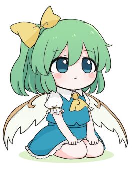 1girl azuma_meri blue_dress blush chibi chibi_only closed_mouth collared_shirt daiyousei dress fairy_wings green_hair hair_ribbon highres ribbon shirt short_hair short_sleeves simple_background sitting smile solo touhou white_background white_shirt wings yellow_ribbon