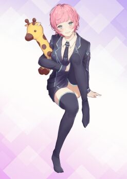 1girl absurdres aqua_eyes aqua_trim arm_support black_jacket black_necktie black_thighhighs blazer blush breasts collared_shirt commentary_request formal_clothes highres jacket long_sleeves looking_at_viewer miniskirt necktie neon_trim nijisanji partial_commentary pencil_skirt pink_hair shirt short_hair sitting skirt solo thighhighs virtual_youtuber white_shirt yuuhi_riri