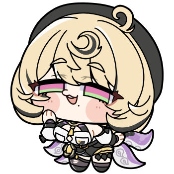 1girl :3 asymmetrical_shorts bare_shoulders beret black_hat black_shorts blonde_hair blush breasts button_gap chibi chibi_only cleavage commentary_request cowlick detached_sleeves full_body garter_straps green_eyes half-closed_eyes hand_on_own_cheek hand_on_own_face hand_up hat highres large_breasts leaning_forward mole mole_under_mouth monster_girl multicolored_eyes no_pupils open_mouth purple_eyes shinonome_nashi shirt short_hair shorts simple_background single_garter_strap single_thighhigh solo suction_cups tentacle_girl tentacle_tail tentacles thighhighs torn_clothes torn_thighhighs white_background white_shirt yidhari_murphy zenless_zone_zero