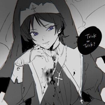 1boy blood blood_on_clothes blunt_ends clenched_teeth cross cross_necklace crossdressing crossdressing_(mtf) english_text genshin_impact greyscale grin guimpe hand_up highres jewelry long_sleeves looking_at_viewer male_focus monochrome necklace nun purple_eyes scaramouche_(genshin_impact) smile solo speech_bubble spot_color teeth trick_or_treat tsurime upper_body veil w02_14 wimple wispy_bangs