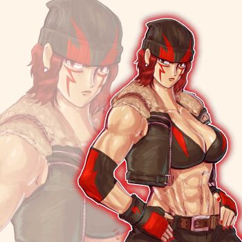 1girl alex_(street_fighter) bodypaint breasts curvy female_focus fluffy gloves hat huge_breasts jacket large_breasts pale_skin pants red_eyes red_hair short_hair street_fighter taurence_bell the_king_of_fighters thick_thighs thighs vanessa_(kof) wide_hips