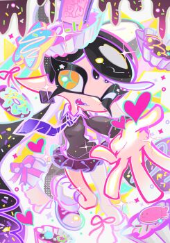 Rule 34 | 1girl, black hair, black skirt, callie (splatoon), collared shirt, commentary, cross-shaped pupils, earrings, fangs, food, food on head, grey sweater, highres, inkling, jewelry, long hair, long pointy ears, long sleeves, looking at viewer, miniskirt, mole, mole under eye, necktie, nintendo, object on head, one eye closed, open mouth, orange eyes, outstretched arm, pink necktie, pleated skirt, pointy ears, purple necktie, reaching, reaching towards viewer, red shoes, school uniform, shirt, shoes, skirt, smile, sneakers, socks, solo, splatoon (series), striped clothes, striped necktie, sweater, symbol-shaped pupils, tentacle hair, two-tone necktie, untranslatable commentary, very long hair, white shirt, white socks, xiaoyunatie