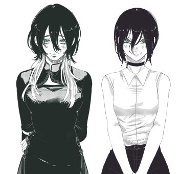 2girls arms_behind_back breasts chainsaw_man china_dress chinese_clothes choker collared_shirt colored_sclera commentary_request crossover dessins_ness dress gokurakugai green_eyes greyscale hair_between_eyes highres long_hair looking_at_viewer medium_breasts medium_hair monochrome multicolored_hair multiple_girls reze_(chainsaw_man) sharp_teeth shirt short_hair simple_background sleeveless sleeveless_shirt small_breasts smile spanish_commentary spot_color teeth two-tone_hair utsuro_(gokurakugai)