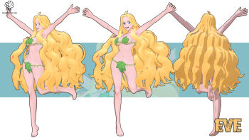 3d arms_up bikini blonde_hair blue_eyes blush breasts character_name collarbone commentary crovoclash english_commentary eve_(shuumatsu_no_valkyrie) happy highres large_breasts leaf_bikini leg_up light_blush long_hair multiple_views open_mouth outstretched_arms petals shuumatsu_no_valkyrie sidelocks simple_background smile spread_arms swimsuit very_long_hair white_background