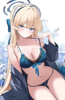 1girl blue_archive blue_bra blue_cardigan blue_flower blue_hair blue_panties bra breasts cardigan cleavage collarbone commentary flower highres long_hair looking_at_viewer maid_headdress medium_breasts multicolored_hair nannung navel open_cardigan open_clothes panties solo symbol-only_commentary toki_(blue_archive) two-tone_hair underwear very_long_hair