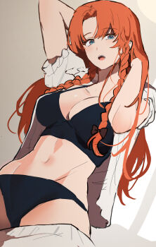 Rule 34 | 1girl, absurdres, arms up, black bow, black bra, black panties, blue eyes, bow, bra, braid, breasts, cleavage, collared shirt, commentary, cowboy shot, curtained hair, dutch angle, frilled shirt collar, frilled sleeves, frills, hair bow, highres, hong meiling, large breasts, long hair, looking to the side, navel, open clothes, open mouth, open shirt, orange hair, panties, puffy short sleeves, puffy sleeves, sarukana, shirt, short sleeves, simple background, sketch, solo, standing, stomach, touhou, twin braids, underwear, unfinished, very long hair, white shirt, window shadow