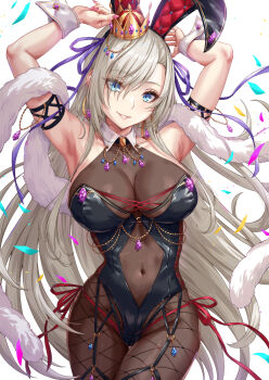 1girl animal_ears armpits arms_up black_hairband black_leotard blue_eyes collarbone commentary_request covered_navel cowboy_shot crown eyes_visible_through_hair fake_animal_ears hair_ornament hairband highres leotard long_hair looking_at_viewer original parted_lips pink_nails rabbit_ears sakiyamama smile solo white_background white_hair wrist_cuffs
