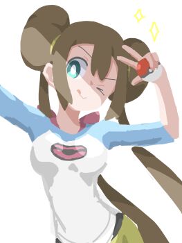 >_o 1girl :q ;q absurdres bright_pupils brown_hair commentary double_bun green_eyes hair_bun hand_up highres holding holding_poke_ball iseitan_01 long_hair nintendo one_eye_closed poke_ball poke_ball_(basic) pokemon pokemon_black_2_and_white_2 raglan_sleeves rosa_(pokemon) shirt shorts simple_background solo sparkle tongue tongue_out twintails w white_background white_pupils yellow_shorts