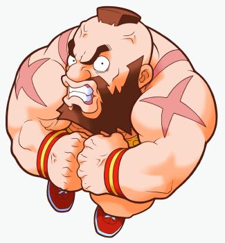 Rule 34 | 1boy, beard, chibi, clenched hands, clenched teeth, facial hair, flexing, from above, game cg, highres, looking at viewer, maeda shima, male focus, mohawk, muscular, muscular male, non-web source, official art, pocket fighter, scar, scar on arm, shoes, simple background, solo, street fighter, teeth, topless male, veiny face, white background, zangief