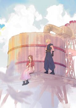 1boy 1girl aerith_gainsborough anothingvv armor artist_name baggy_pants bangle belt bird black_boots black_gloves blonde_hair blue_pants blue_shirt boots bracelet braid braided_ponytail brown_belt brown_boots cloud cloud_strife cloudy_sky cropped_jacket dress final_fantasy final_fantasy_vii final_fantasy_vii_rebirth final_fantasy_vii_remake full_body gloves hair_ribbon hand_on_own_chest hand_on_own_hip highres jacket jewelry long_dress looking_at_another nibelheim pants parted_bangs pauldrons pink_dress pink_ribbon red_jacket ribbon shirt short_hair shoulder_armor sidelocks single_bare_shoulder single_braid single_pauldron sitting sketch sky sleeveless sleeveless_turtleneck spiked_hair standing suspenders turtleneck water_tower