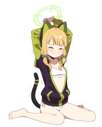 Rule 34 | 1girl, animal ear headphones, animal ears, arms up, ass, barefoot, black jacket, blonde hair, blue archive, blush, bow, bra, breasts, cat tail, closed eyes, closed mouth, fake animal ears, full body, green bow, green halo, hair bow, halo, headphones, highres, jacket, long sleeves, midori (blue archive), panties, partially unzipped, short hair, simple background, sitting, sizque, small breasts, solo, tail, toes, underwear, wariza, white background, white bra, white panties