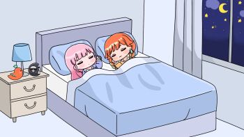 2girls :3 bed blue_pajamas blue_shirt blush_stickers braid brown_pajamas brown_shirt chibi closed_eyes closed_mouth cloud crescent death-sensei_(mori_calliope) desk_lamp green_hair highres hololive hololive_english indoors kotori_(takanashi_kiara) lamp long_hair low_twintails lying mochimiko mori_calliope multicolored_hair multiple_girls night night_sky nightstand on_back on_side orange_hair pajamas pink_hair shirt sky sleeping star_(symbol) streaked_hair takanashi_kiara twin_braids twintails under_covers virtual_youtuber window