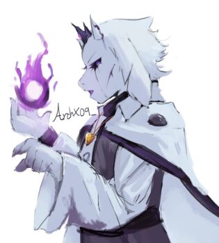 1girl alternate_universe archx09 black_sclera black_tiara cape collared_cape colored_sclera colored_tongue commentary english_commentary fire from_side furry furry_female goat_girl gold_necklace hands_up heart heart_necklace horns jewelry liquid_from_eyes long_sleeves looking_at_viewer necklace open_mouth profile puffy_long_sleeves puffy_sleeves purple_eyes purple_tongue shirt simple_background solo tiara toriel twitter_username undertale upper_body utdr_(toby_fox) white_background white_cape white_fur white_shirt xtale