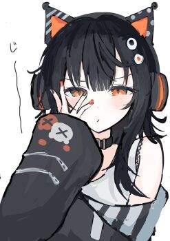 1girl animal_ear_headphones animal_ears asymmetrical_sleeves bare_shoulders black_choker black_hair black_nails black_sweater cat_ear_headphones cat_ears choker commentary_request eyeball_hair_ornament fake_animal_ears hand_over_eye headphones highres long_sleeves looking_at_viewer mahou_shoujo_no_majo_saiban multicolored_hair mumesan2 nail_polish off-shoulder_sweater off_shoulder orange_eyes orange_nails sawatari_coco sharp_teeth shirt short_hair simple_background single_bare_shoulder solo streaked_hair sweater teeth white_background white_shirt wide_sleeves