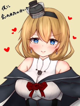 1girl blonde_hair blue_capelet blue_eyes breasts capelet crown dress earrings flower hair_between_eyes hairband heart highres jewelry kantai_collection large_breasts long_hair looking_at_viewer mini_crown red_flower red_rose rose smile solo upper_body valiant_(kancolle) white_dress yuki_(yukineko-nyaa)