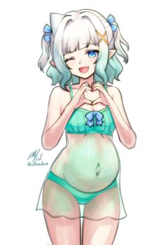 1girl ;d blue_eyes blunt_bangs breasts commentary english_commentary fang gradient_hair green_negligee green_panties heart heart_hands highres indie_virtual_youtuber lingerie looking_at_viewer medium_hair mint_fantome multicolored_hair navel negligee one_eye_closed open_mouth panties pregnant rotomdocs simple_background skin_fang small_breasts smile solo two_side_up underwear virtual_youtuber white_background white_hair