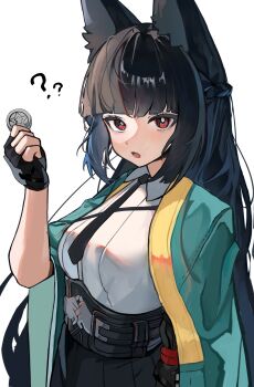 1girl :o ? ?? animal_ear_fluff animal_ears aqua_jacket arm_out_of_sleeve belt black_gloves black_hair black_necktie black_skirt breasts coin commentary_request fingerless_gloves fox_ears fox_girl gauntlets gloves high-waist_skirt highres holding holding_coin hoshimi_miyabi jacket long_hair looking_at_viewer medium_breasts necktie open_mouth otoufudayo111 red_eyes shirt shirt_tucked_in simple_background single_fingerless_glove single_gauntlet skirt solo upper_body white_background white_shirt zenless_zone_zero