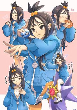 1girl black_hair blue_hoodie blush brown_eyes choker closed_eyes closed_mouth croissant cube_hair_ornament dive_ball earclip eating food frown gen_1_pokemon hair_ornament heart highres holding holding_food holding_poke_ball hood hood_down hoodie jacket leggings lida_(pokemon) long_hair long_sleeves musical_note nintendo open_mouth orange_leggings partially_unzipped poke_ball pokemon pokemon_(creature) pokemon_legends:_z-a ribbed_socks riding riding_pokemon shirt shoes smile socks starmie staryu teeth topknot two-tone_legwear white_choker white_leggings white_shirt wispy_bangs yomogi_(black-elf)