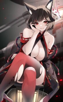 1girl absurdres animal_ear_fluff animal_ears azur_lane bare_shoulders black_hair black_thighhighs breasts cleavage cleavage_cutout clothing_cutout collarbone crossed_legs dark_background detached_sleeves fox_ears fox_mask gradient_background gradient_legwear hand_on_own_head highres lantern large_breasts long_sleeves looking_at_viewer mask mask_on_head official_alternate_costume parted_lips red_eyes red_thighhighs ship ship_turret short_hair sitting smile solo thighhighs thighs v-shaped_eyebrows watercraft wide_sleeves yamaha_tsui yamashiro_(azur_lane) yamashiro_(meta)_(azur_lane)