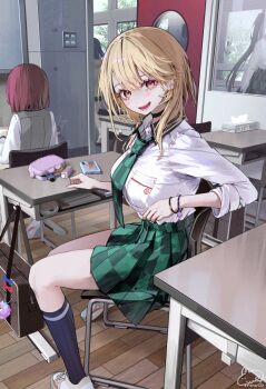 4girls bag black_choker blonde_hair bracelet breasts cellphone chair checkered_clothes checkered_necktie checkered_skirt choker desk green_necktie green_skirt highres jewelry large_breasts multiple_girls necktie open_mouth original phone purple_hair sacabambaspis school_bag school_chair school_desk school_uniform shirt shirt_tucked_in sitting skirt smartphone syuri22 tissue_box white_shirt window yellow_eyes