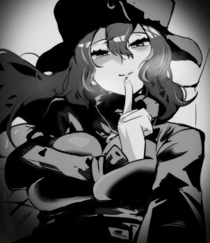 1girl absurdres anchor_necklace anchor_pendant arm_across_chest blush breasts finger_to_mouth half-closed_eyes hat highres index_finger_raised japari_symbol jewelry kemono_friends kemono_friends_3 large_breasts long_sleeves looking_at_viewer necklace riri_(dgra3272) sidelocks smile solo sperm_whale_(kemono_friends) ushanka whale_girl