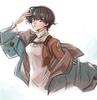 1girl blue_jacket blue_streaks bob_cut brown_eyes brown_hair brown_jacket commentary cropped_jacket cropped_torso dress guilty_gear guilty_gear_strive hand_on_own_head highres jacket jacket_over_jacket looking_at_viewer makomak57956928 multicolored_hair open_clothes open_jacket parted_lips short_hair simple_background solo streaked_hair turtleneck turtleneck_dress unika_(guilty_gear) white_background white_dress